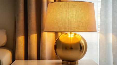 Vintage brass table lamp with cream shade, sunlight casting warm tones on white surfaceの素材