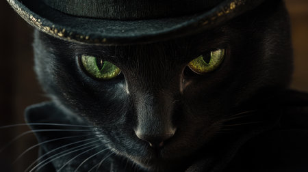 A close-up of a black cat face, its green eyes glowing as it wears a sleek top hat, creating a blend of charm and mystery under moody lightingの素材