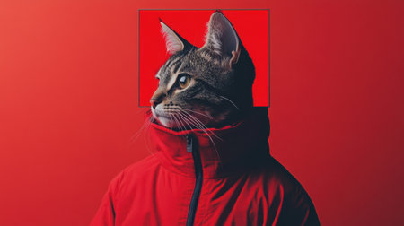 A bold composition featuring a cat in a red jacket, its face framed within a square overlay, highlighting the garment designの素材