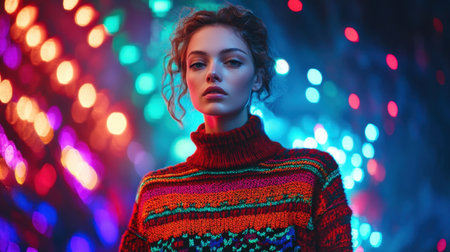 A chic woman in a vibrant sweater adorned with neon accents stands against a dazzling backdrop, merging contemporary style with festive energyの素材