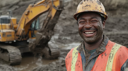 A cheerful construction worker in safety gear smiles proudly in front of a muddy excavator, symbolizing hard work and dedicationの素材