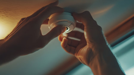 A close-up of hands fixing a smoke alarm securely, emphasizing precision and modern safety solutions in residential spacesの素材