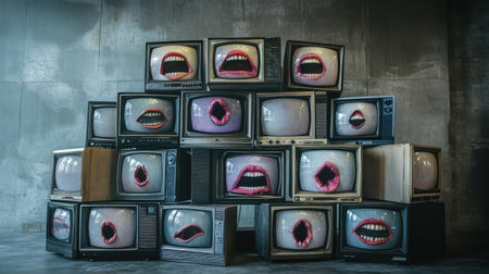 A chaotic stack of vintage TVs, each screen displaying a screaming mouth, symbolizes media influence and modern communication overloadの素材