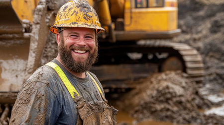 A cheerful construction worker in safety gear smiles proudly in front of a muddy excavator, symbolizing hard work and dedicationの素材