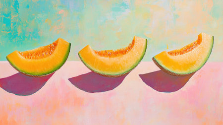 Slices of melon hover against a vivid backdrop, capturing freshness and summer fruit appealの素材