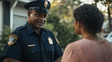 A close-up of a uniformed officer and a woman engaged in conversation, capturing trust and respect in a community settingの素材
