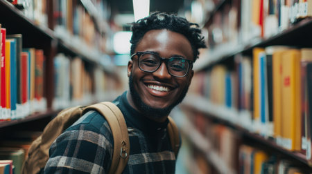 A cheerful male student wearing glasses and a backpack smiles while standing in a library aisle surrounded by shelves of booksの素材