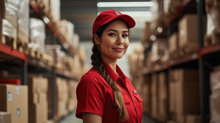 A confident woman in a red uniform poses with a jovial team carrying boxes in an organized warehouse, showcasing collaboration and hard workの素材