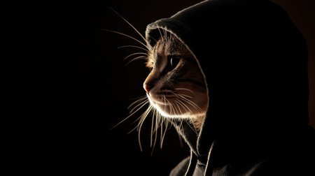 A contemplative tabby cat wearing a black hoodie, silhouetted dramatically under soft light against a dark backgroundの素材