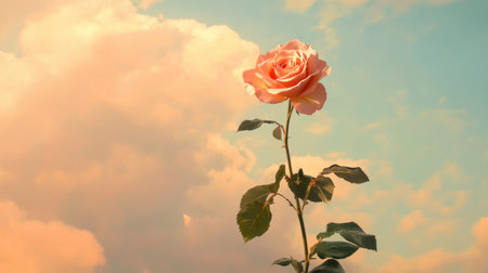 A graceful pink rose stands prominently against a softly blurred pastel backdrop, showcasing its delicate petals and natural charmの素材