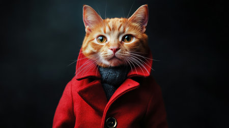 A fashionable ginger cat in a red coat, its face hidden by an abstract square design against a simple dark backdropの素材