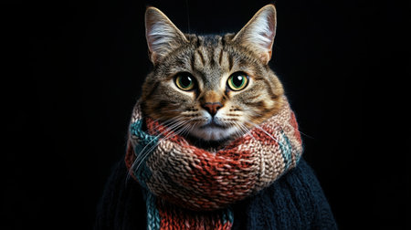 A cozy tabby cat wearing a scarf and winter coat, standing out dramatically on a solid black backdropの素材