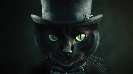A dapper black cat stares intently, its piercing green eyes complementing a perfectly angled top hat, shrouded in shadows for an enigmatic lookの素材