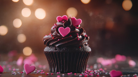 A dark chocolate cupcake decorated with heart sprinkles takes center stage, capturing the joy and indulgence of a perfect dessert for love-filled occasionsの素材