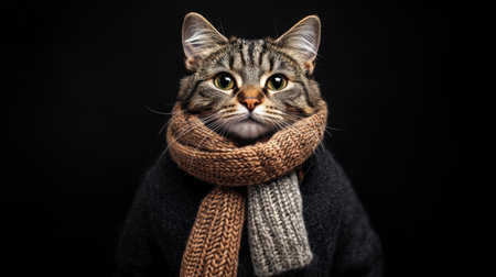 A cozy tabby cat wearing a scarf and winter coat, standing out dramatically on a solid black backdropの素材