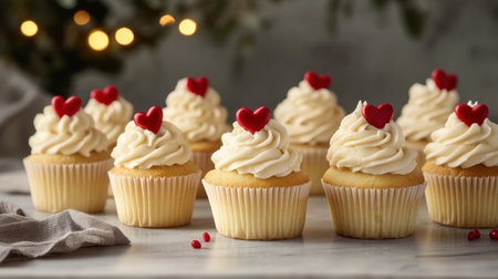 A collection of vanilla cupcakes with fluffy frosting and red heart decorations sits on a table, exuding a festive and joyful charm for celebrationsの素材