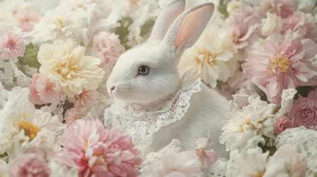 A delicate scene of a rabbit in a lace collar surrounded by gentle pastel blooms, capturing timeless elegance and serene charmの素材