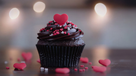 A dark chocolate cupcake decorated with heart sprinkles takes center stage, capturing the joy and indulgence of a perfect dessert for love-filled occasionsの素材