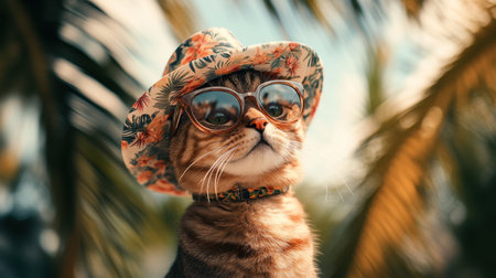 A dreamy shot of a cat with a tropical vibe, adorned with a patterned hat and glasses, amidst gently blurred palm treesの素材