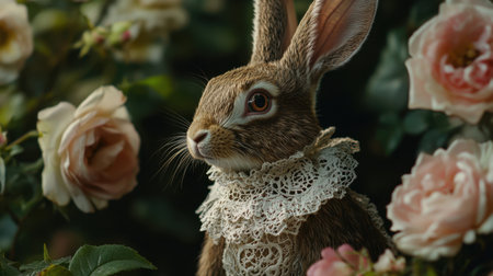 A rabbit dressed in an intricate lace collar gazes serenely, framed by blooming roses and greenery, creating a vintage, tranquil atmosphereの素材
