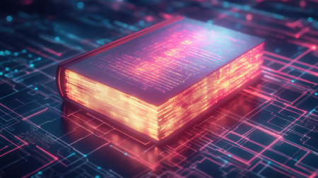 A glowing book resting on a digital grid with floating holographic circuits, depicting the intersection of technology and literatureの素材