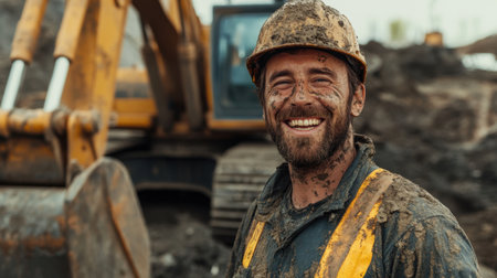 A muddy construction worker with a wide grin stands confidently in front of an excavator at a dynamic worksiteの素材