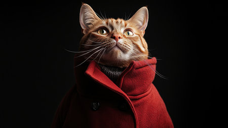A fashionable ginger cat in a red coat, its face hidden by an abstract square design against a simple dark backdropの素材