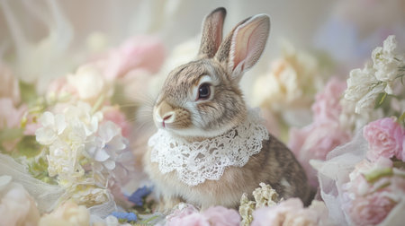 A delicate scene of a rabbit in a lace collar surrounded by gentle pastel blooms, capturing timeless elegance and serene charmの素材