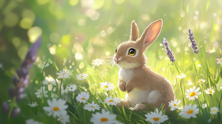 A playful bunny with bright eyes sits in a field of daisies and lavender, surrounded by soft greenery, capturing the joy and tranquility of natureの素材