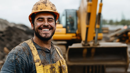 A muddy construction worker with a wide grin stands confidently in front of an excavator at a dynamic worksiteの素材