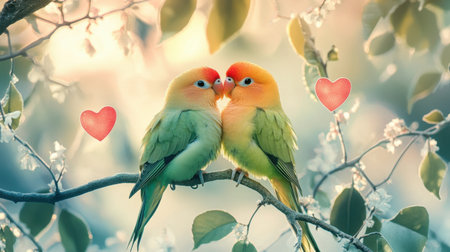 A pair of lovebirds perched closely together, framed by delicate heart-shaped leaves, exude serenity and love under soft pastel lightingの素材