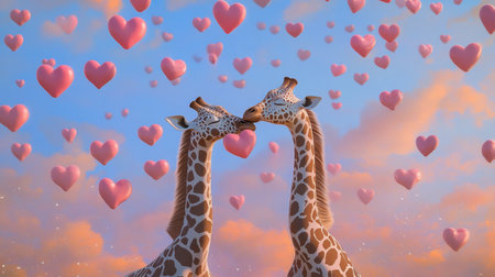 A pair of giraffes engage in a heartfelt nuzzle under drifting heart balloons, evoking love and unity in a serene dreamscapeの素材