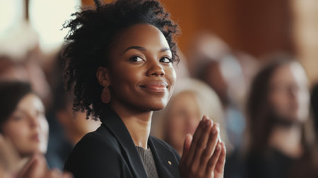 A motivated black woman claps with a crowd in a seminar, capturing the positive energy and inclusivity of a professional learning environmentの素材