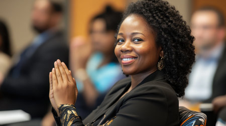A professional black woman clapping in appreciation during a lively seminar, seated among an engaged audience in a modern conference settingの素材