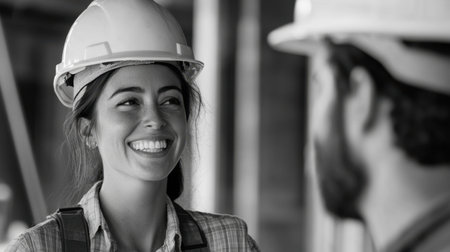 A female architect smiles while discussing a project with a foreman, emphasizing leadership and cooperation in construction workの素材