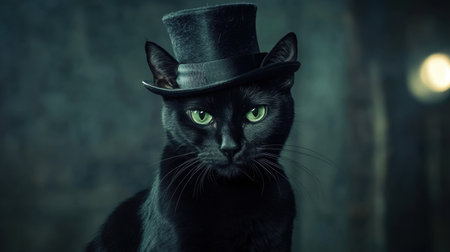 A sleek black cat with piercing green eyes sits poised, wearing a classic black top hat, exuding mystery and sophistication against a soft spotlight backdropの素材