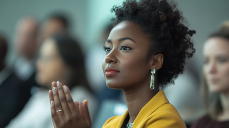 A professional black woman clapping in appreciation during a lively seminar, seated among an engaged audience in a modern conference settingの素材