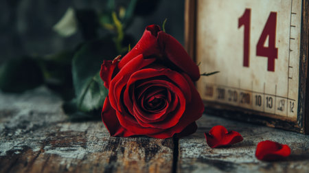 A single rose rests elegantly beside a calendar marked February 14th on a rustic table, capturing the essence of romance and beauty for Valentine's Dayの素材