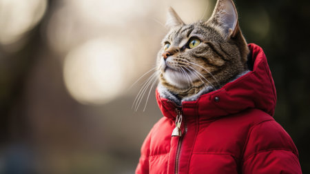 A regal tabby cat wearing a bold red winter jacket, gazing majestically off to the side under soft natural lightの素材