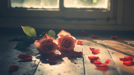 A pair of roses lies gracefully on a wooden table, surrounded by fallen petals, embodying the softness of romance in a dreamy atmosphereの素材