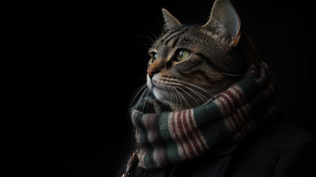 A reflective tabby cat wrapped in a tartan scarf and dark jacket, gazing somberly to the side with dramatic lightingの素材