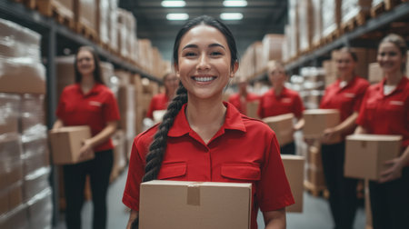 A happy woman in a red uniform stands at the forefront with her team behind her in a bustling warehouse, all holding boxes and radiating enthusiasmの素材