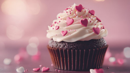 A rich chocolate cupcake with creamy frosting and heart-shaped sprinkles sits perfectly crafted, exuding love and indulgence in a delightful dessert sceneの素材