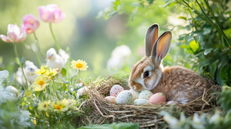 A serene countryside setting with a fluffy rabbit resting near a nest of chicks and Easter eggs, framed by vibrant spring flowers and lush greeneryの素材