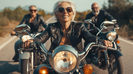 A mature woman rides confidently on a sleek motorcycle, joined by friends on a scenic open road, radiating freedom and adventureの素材