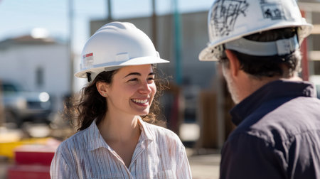 A female architect in a white hard hat shares a productive conversation with a foreman, highlighting teamwork at a bustling work siteの素材