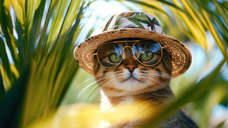 A playful cat wearing a Hawaiian hat and aviator glasses, its face artfully blurred in a tropical palm tree settingの素材