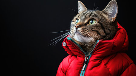 A regal tabby cat wearing a bold red winter jacket, gazing majestically off to the side under soft natural lightの素材