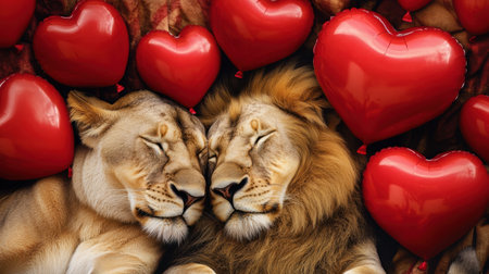 A quiet moment of two lions sleeping side by side, framed by red heart balloons, creating a serene symbol of love and unityの素材