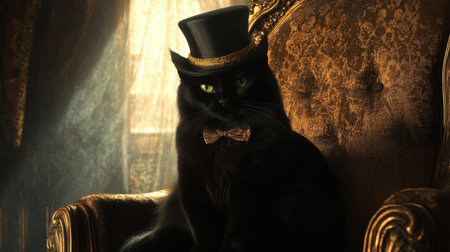 A mysterious black cat, perched on a velvet chair, dons a sharp top hat, illuminated by a dramatic beam of light, evoking old-world eleganceの素材